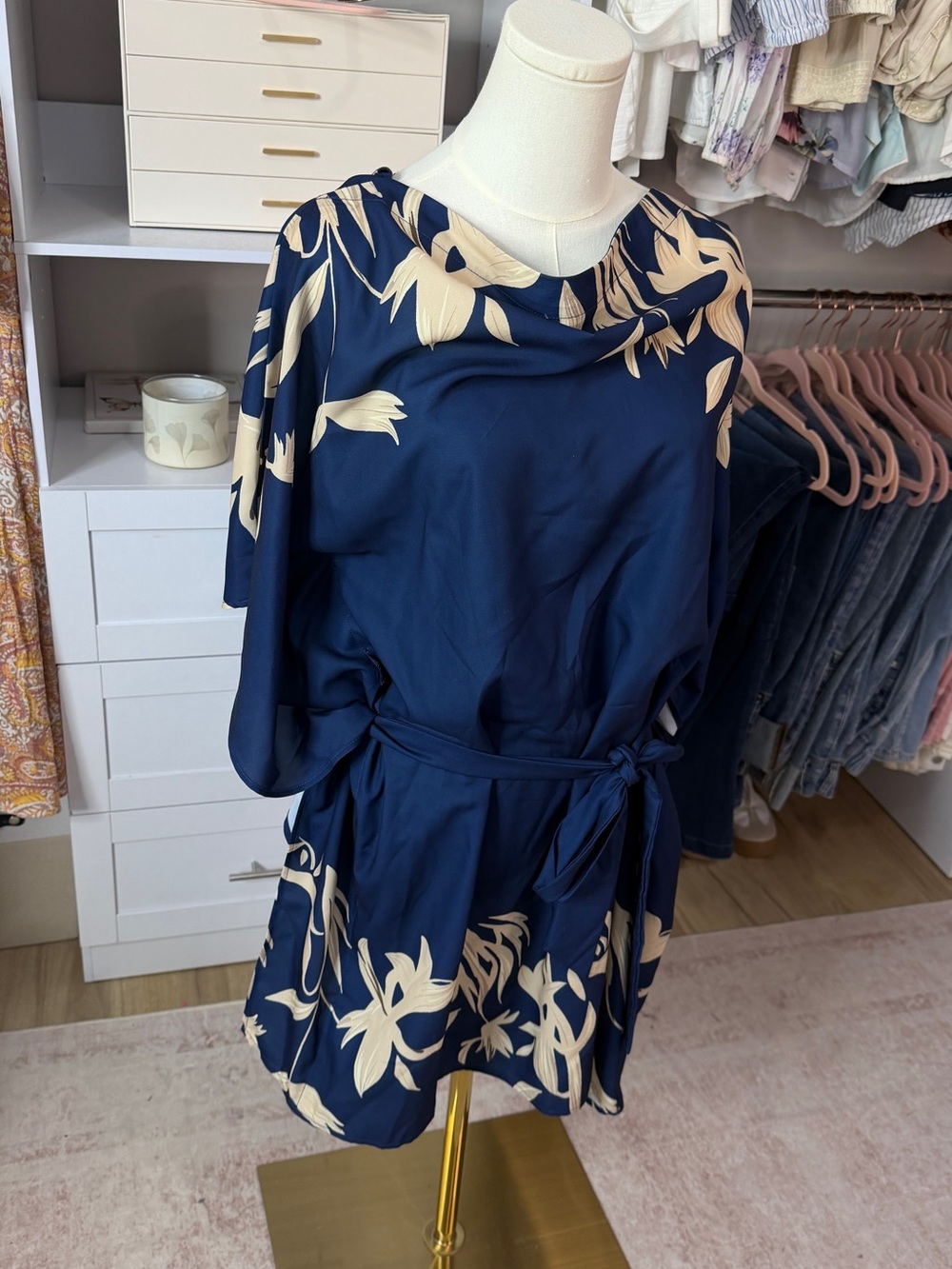 CupShe Cowl-Neck Navy Floral Belted Mini Dress